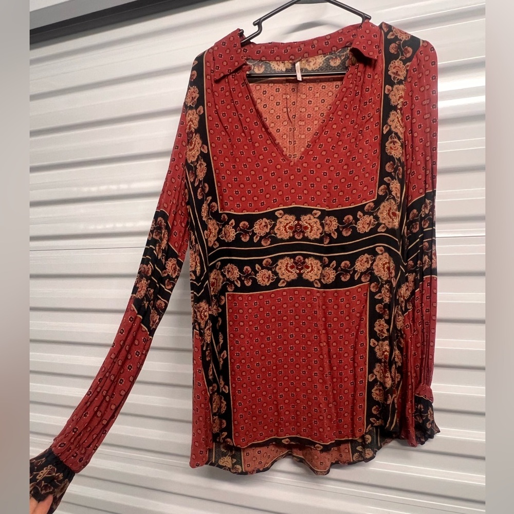 Free People Red and Black Floral Blouse